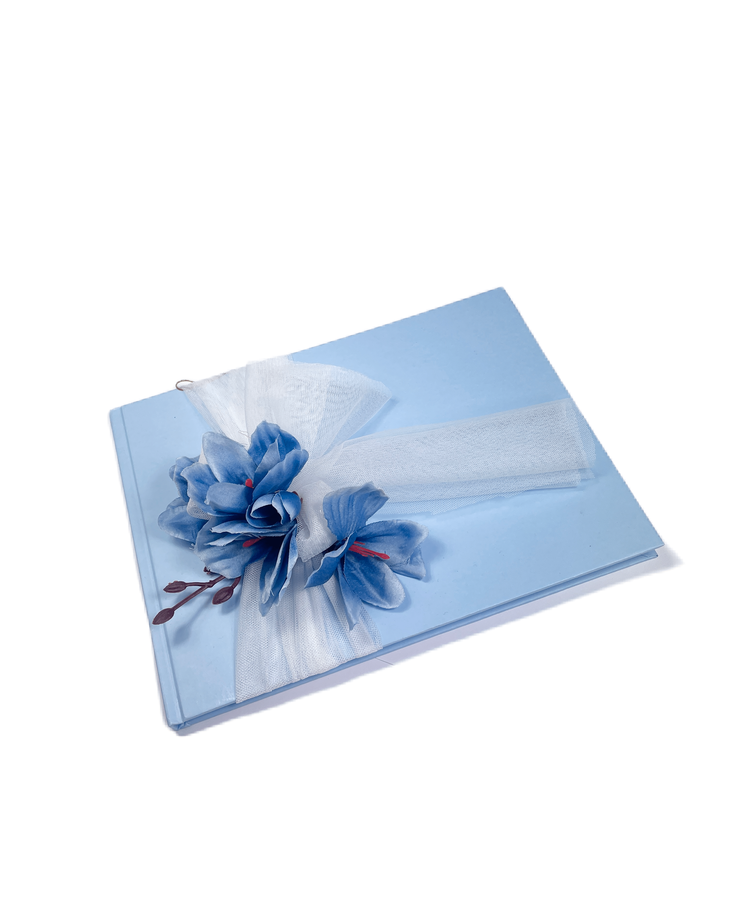 Елегантна синя книга за сватбени пожелания с бели акценти и цветя