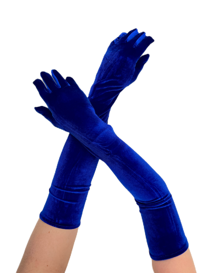 Дамски дълги кадифени ръкавици в модерен син цвят, идеални за официални събития.
