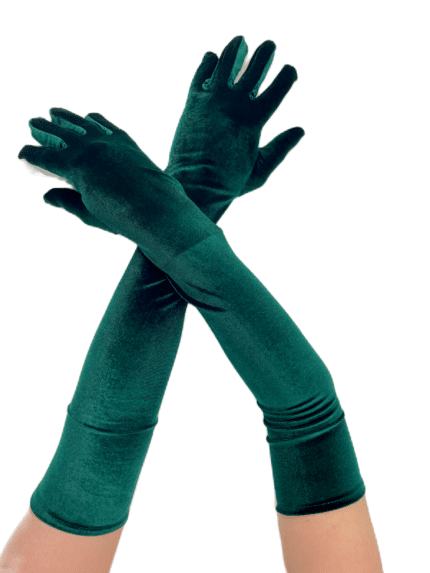 Дълги дамски ръкавици от кадифе в зелено, добавящи стил и топлина.