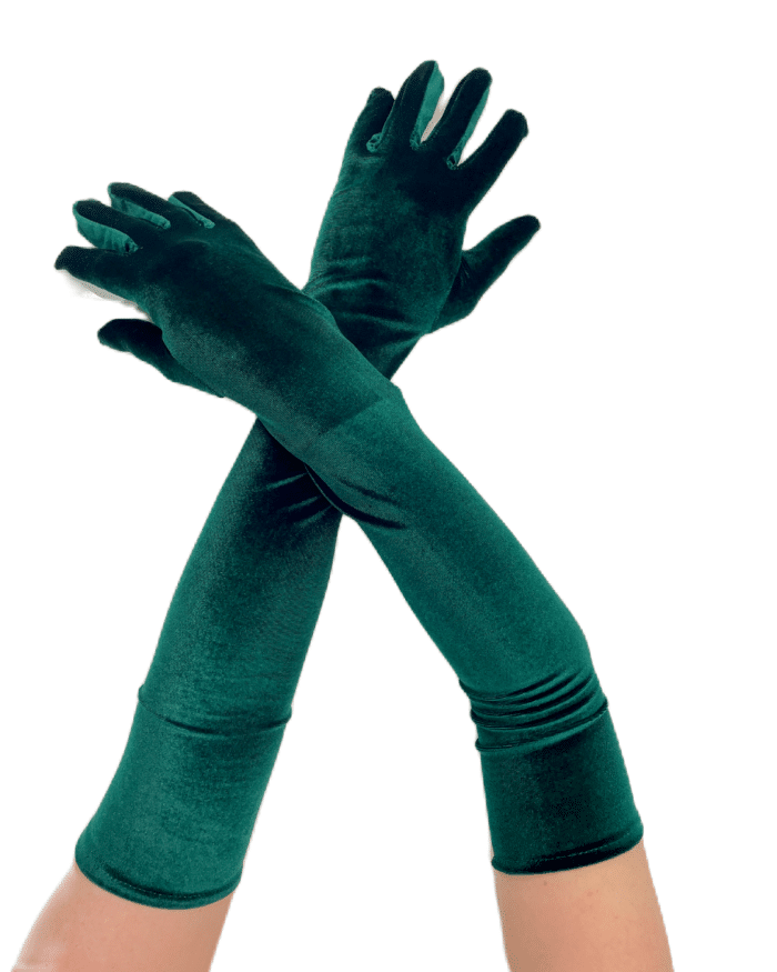Дълги дамски ръкавици от кадифе в зелено, добавящи стил и топлина.