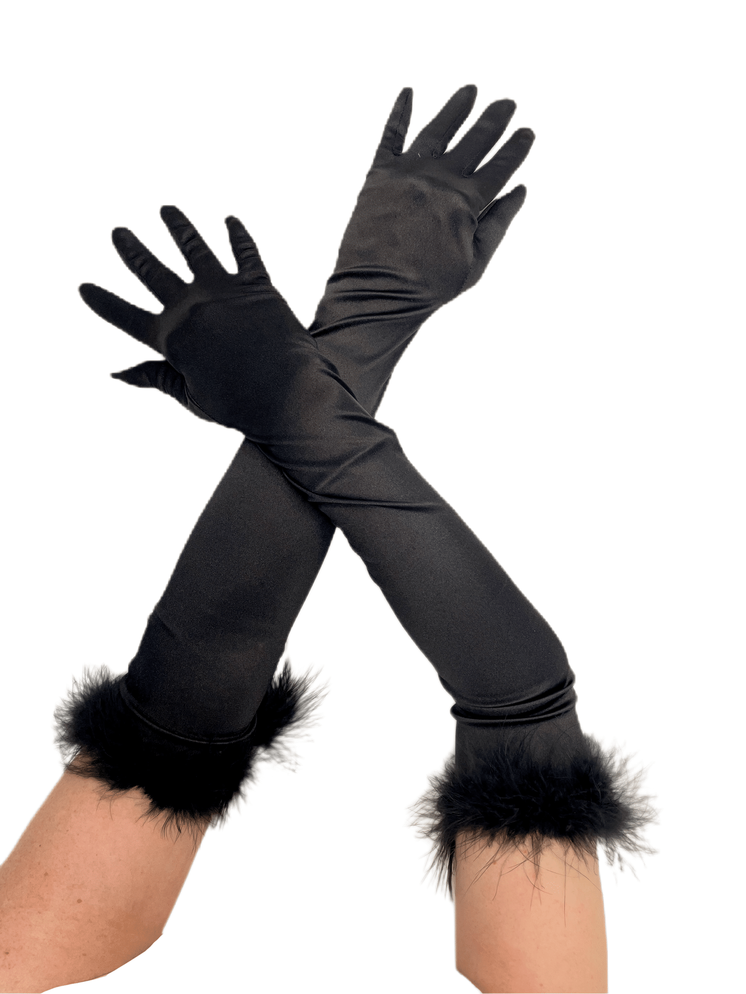 Дълги черни ръкавици с пера на маншетите, добавящи елегантен акцент към официалния ви вид.