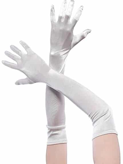 Елегантни бели дълги ръкавици, перфектни за добавяне на класа към всяка сватбена или официална рокля.