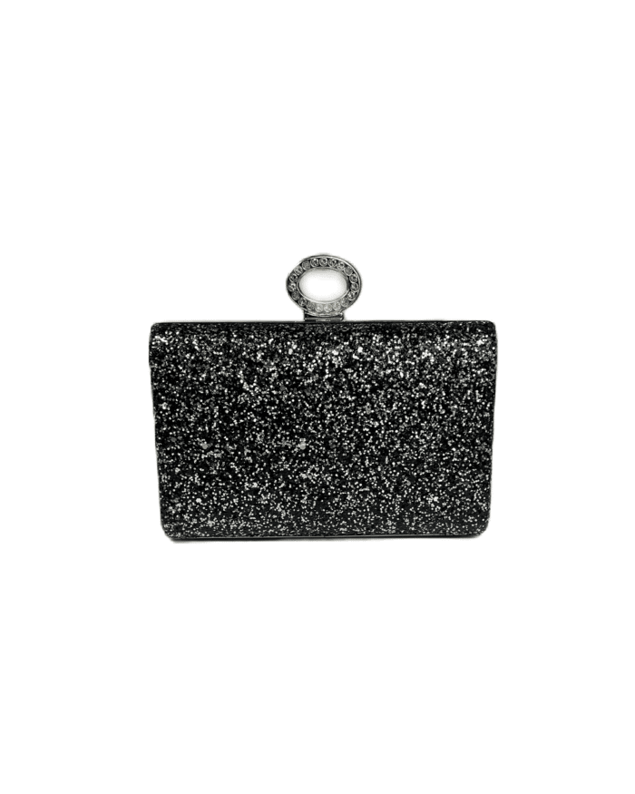 Елегантна дамска официална чанта с брокат, украсена с блестящи акценти и диамантен пръстен като дръжка