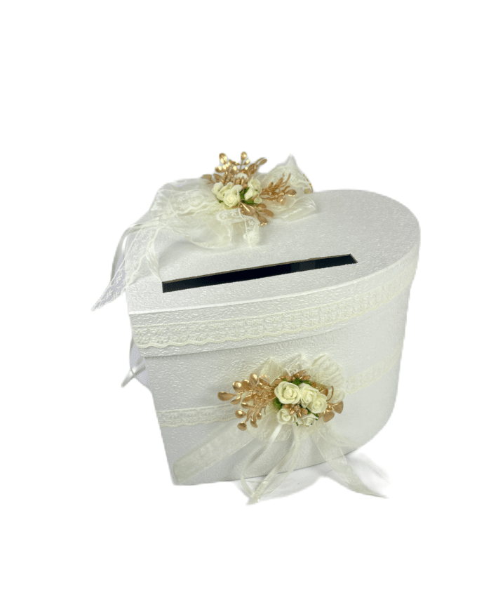 Изискана сватбена кутия за пари с флорални мотиви и златисти акценти, излъчваща класа и елегантност.