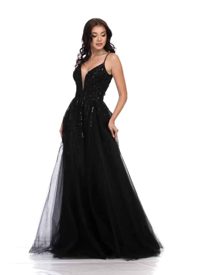 Официална рокля в черно с пайети и кристали отзад – Сватбен център myWEDDING.